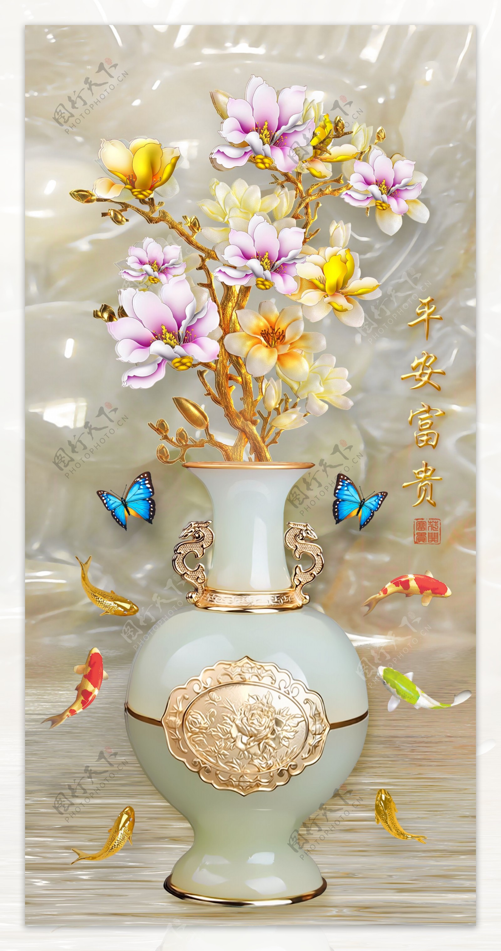 中式花瓶玄关九鱼图背景