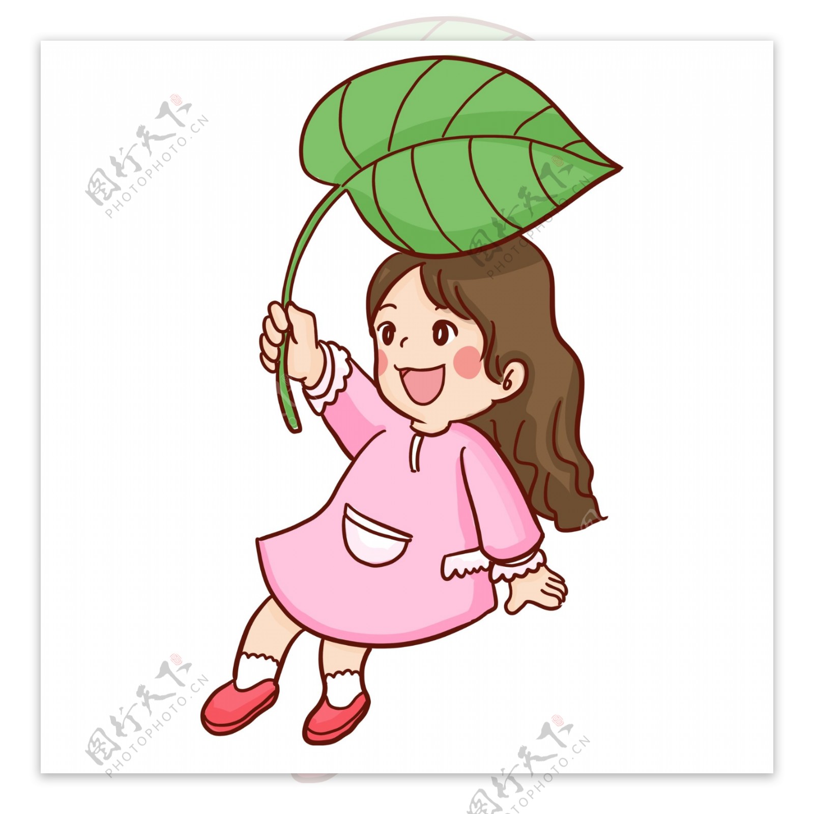 彩绘撑着树叶伞的小女生