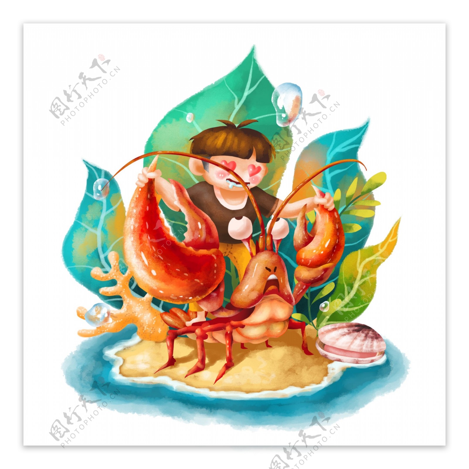可商用卡通手绘可爱吃货儿童吃龙虾形象