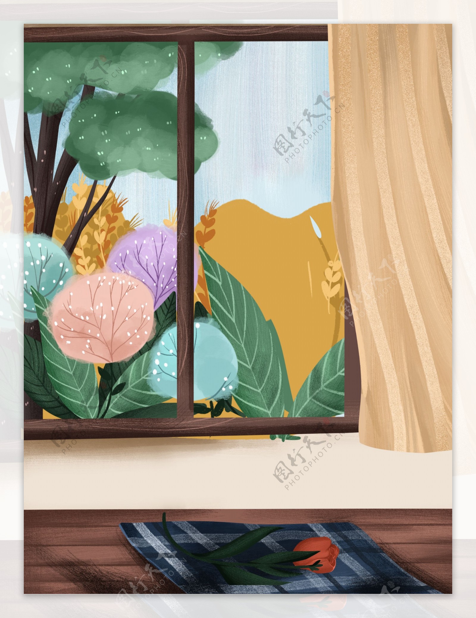 卡通居家客厅窗外手绘背景
