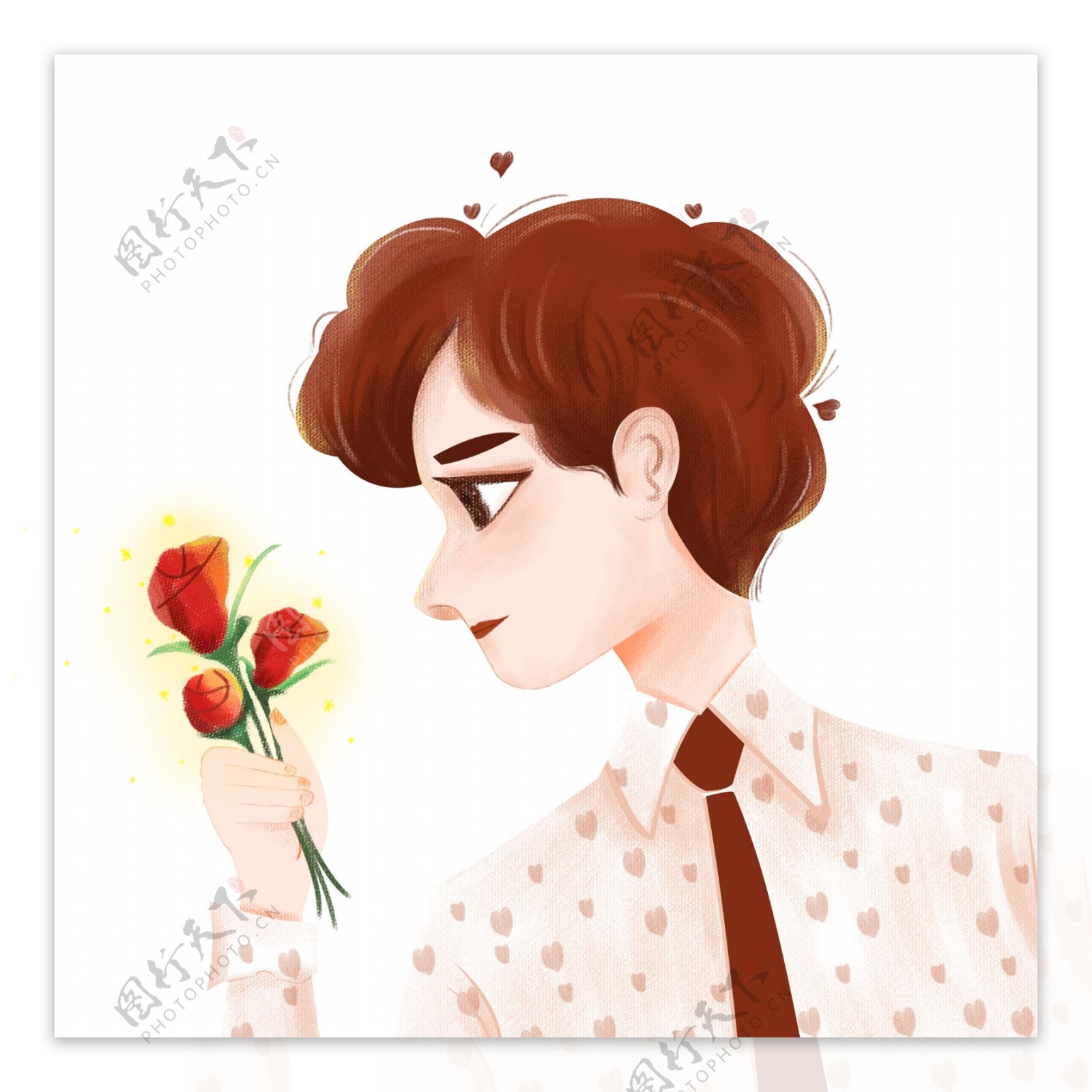 浪漫手绘拿着玫瑰花的少年