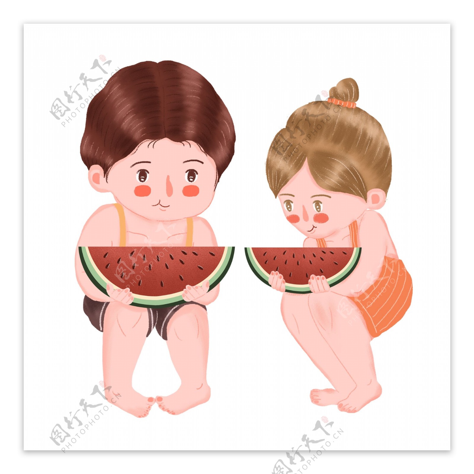 清凉夏天吃西瓜的兄妹俩手绘设计
