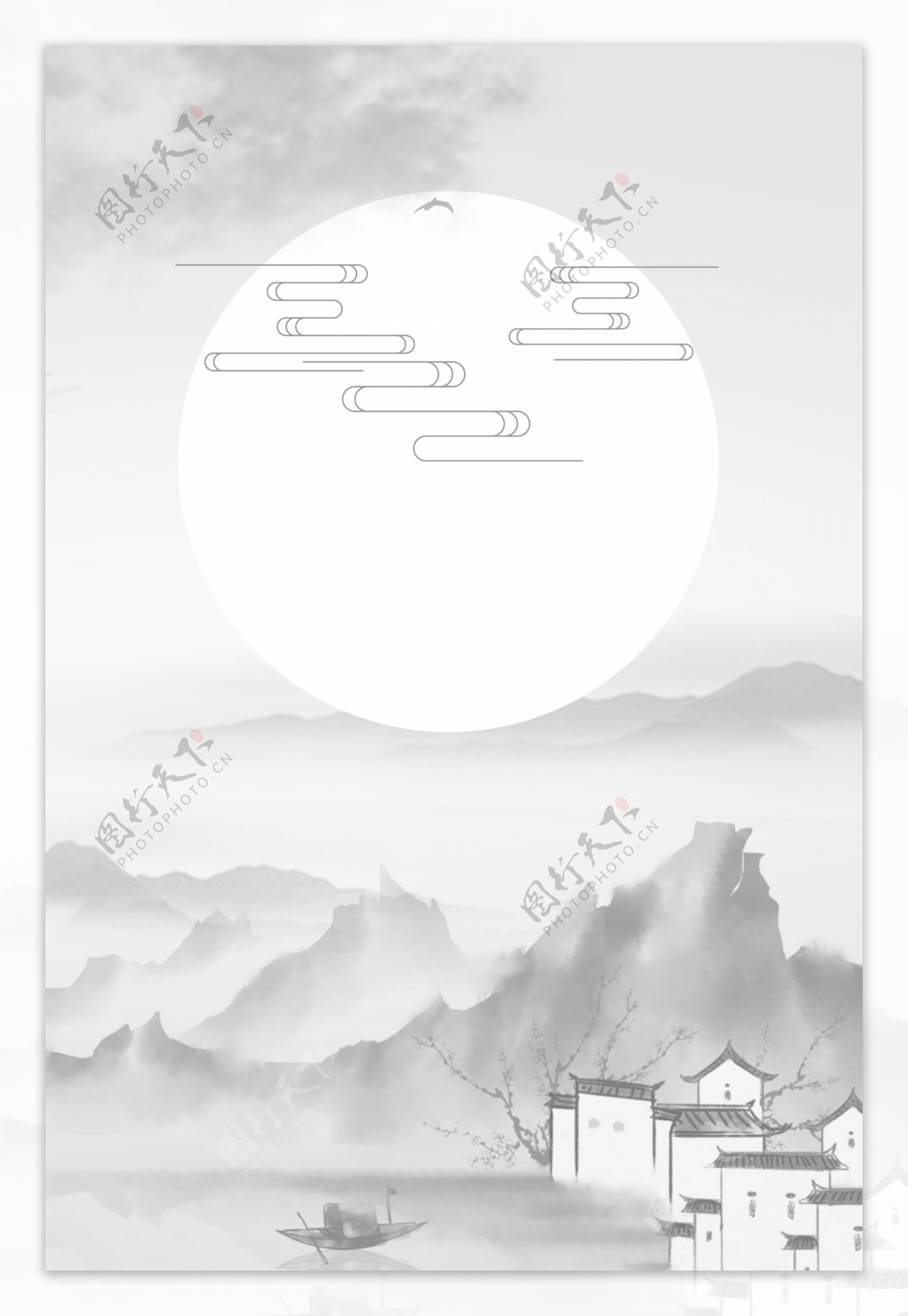 中国风水墨古风灰色背景海报