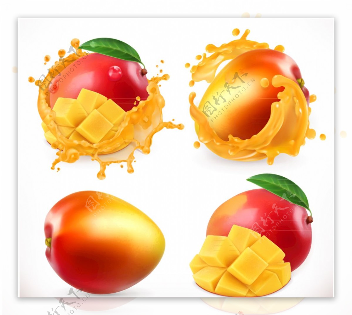 4款美味芒果和芒果汁设计矢量图