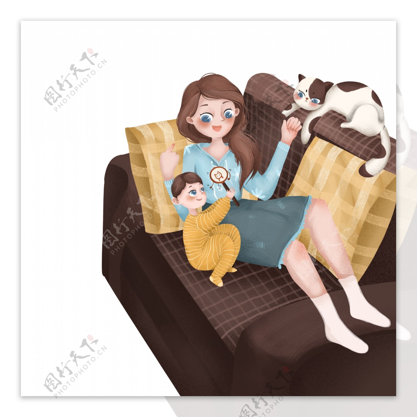 沙发上逗猫的母女图案元素
