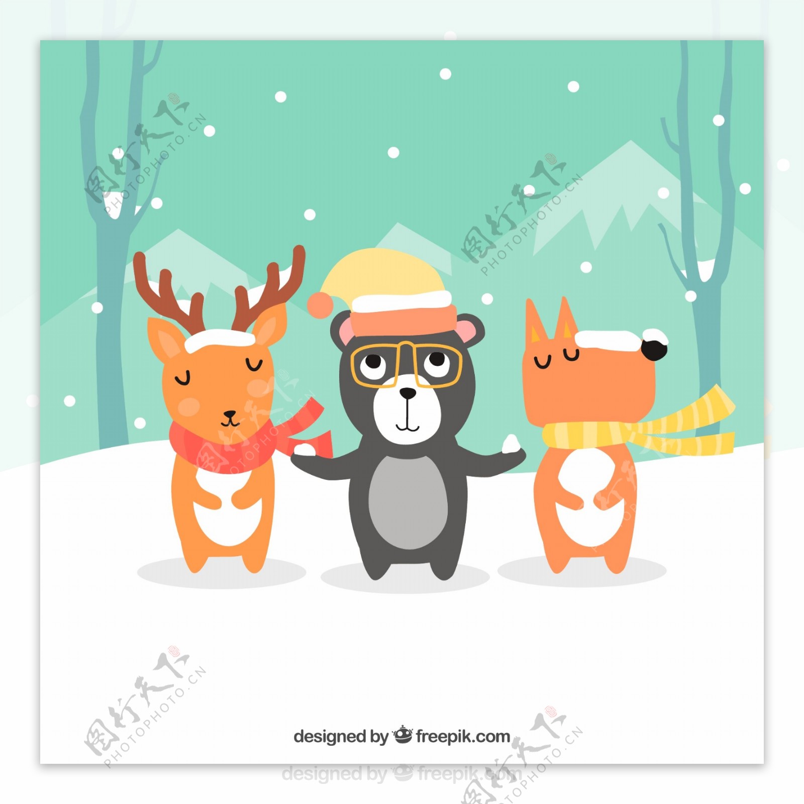 3只可爱雪地里的森林小动物