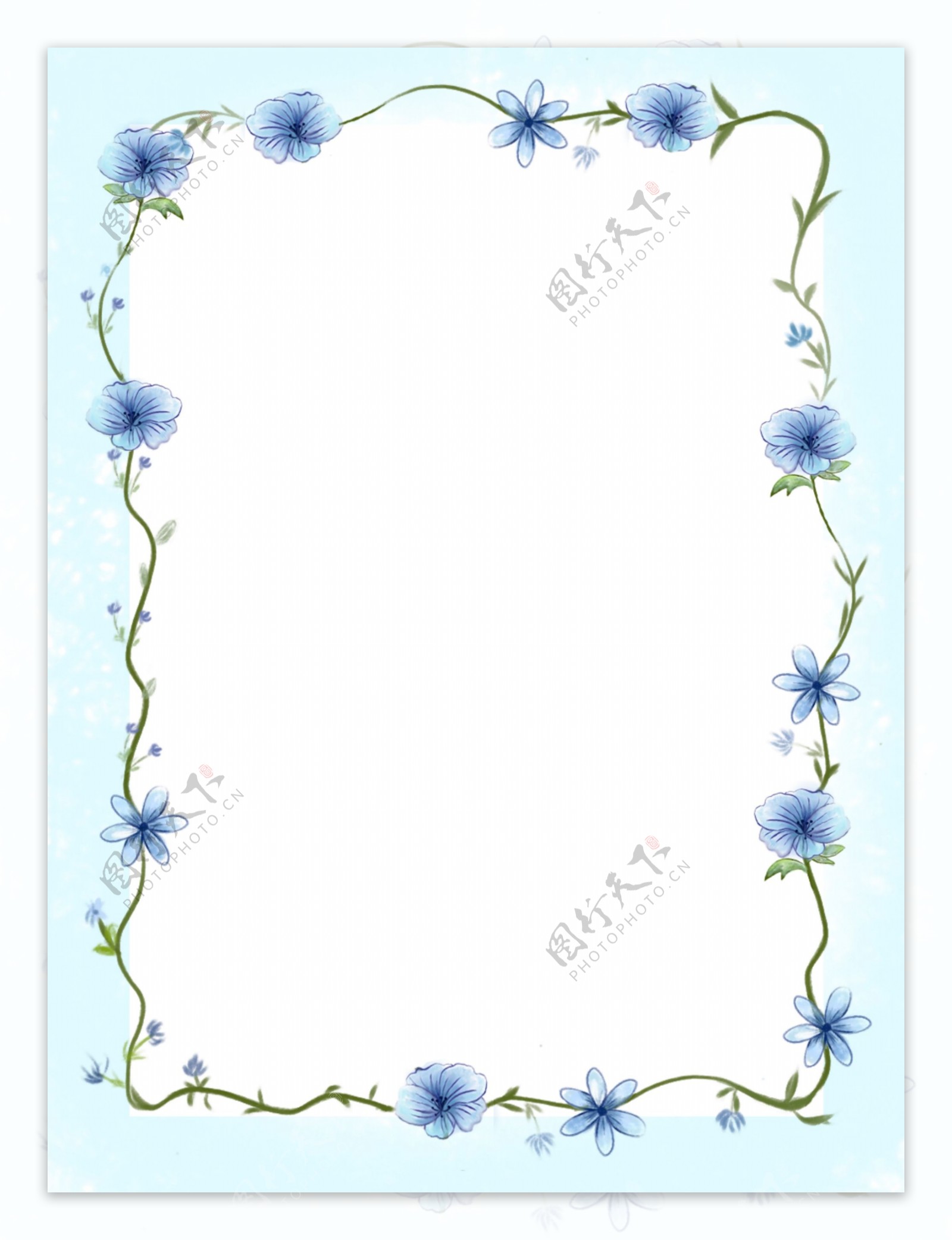 蓝色水彩花朵边框背景