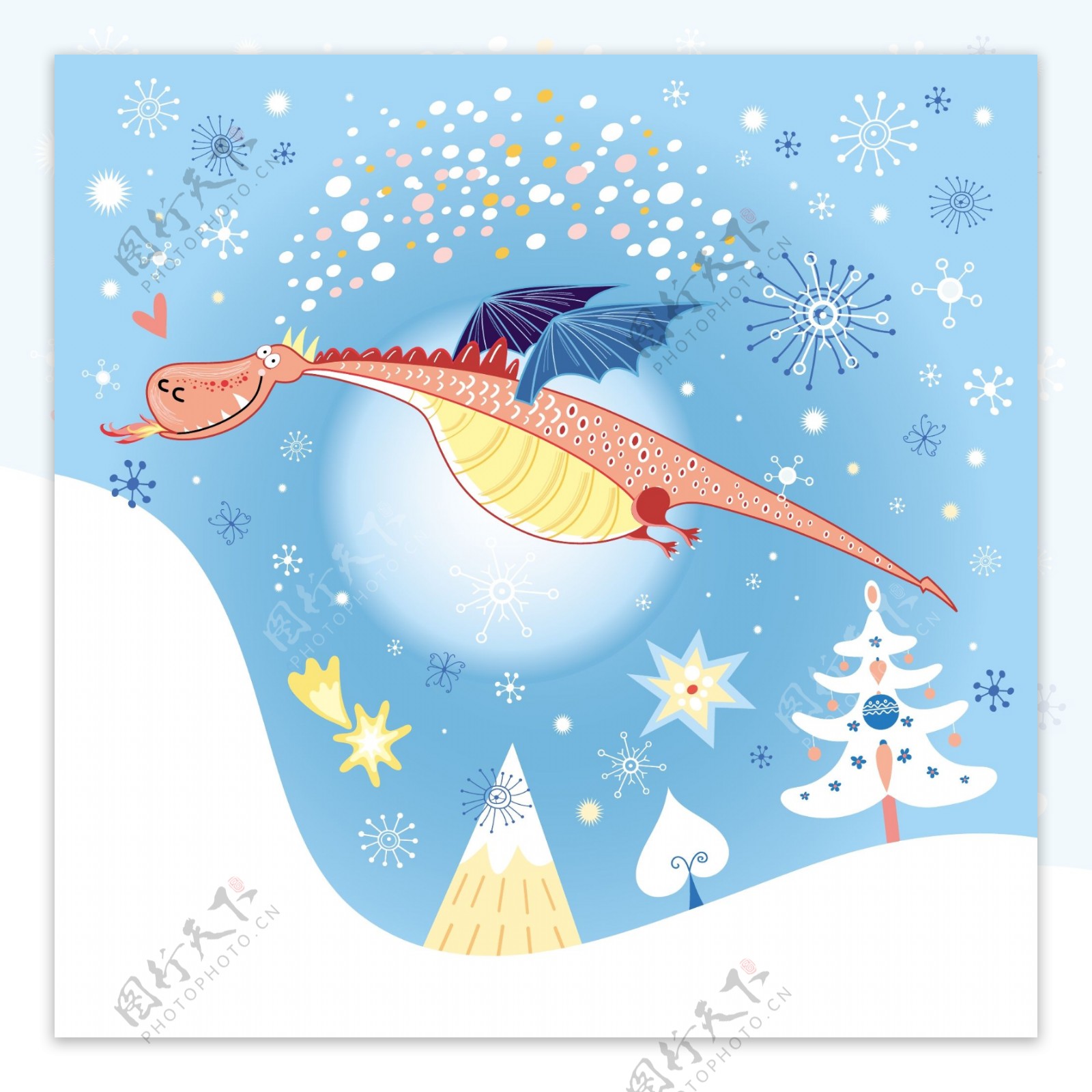 圣诞恐龙雪花卡通蓝色