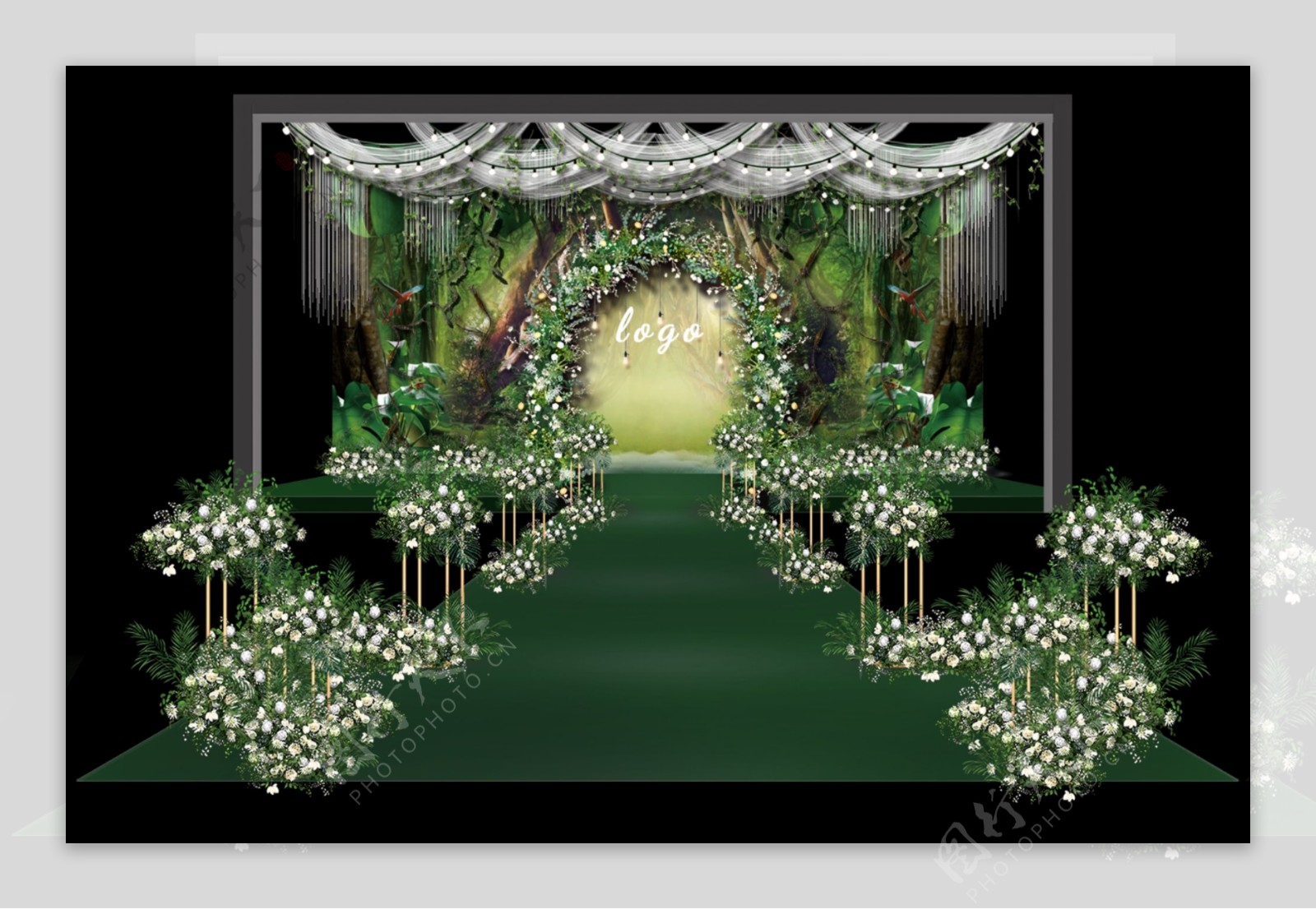 婚礼效果图绿色森系手绘婚礼