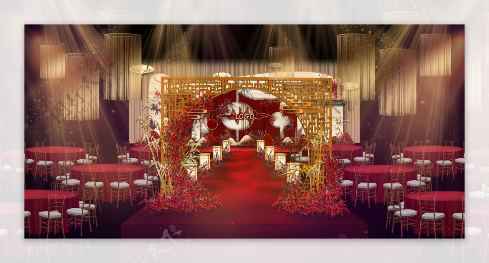 新中式婚礼红金色婚礼效果图