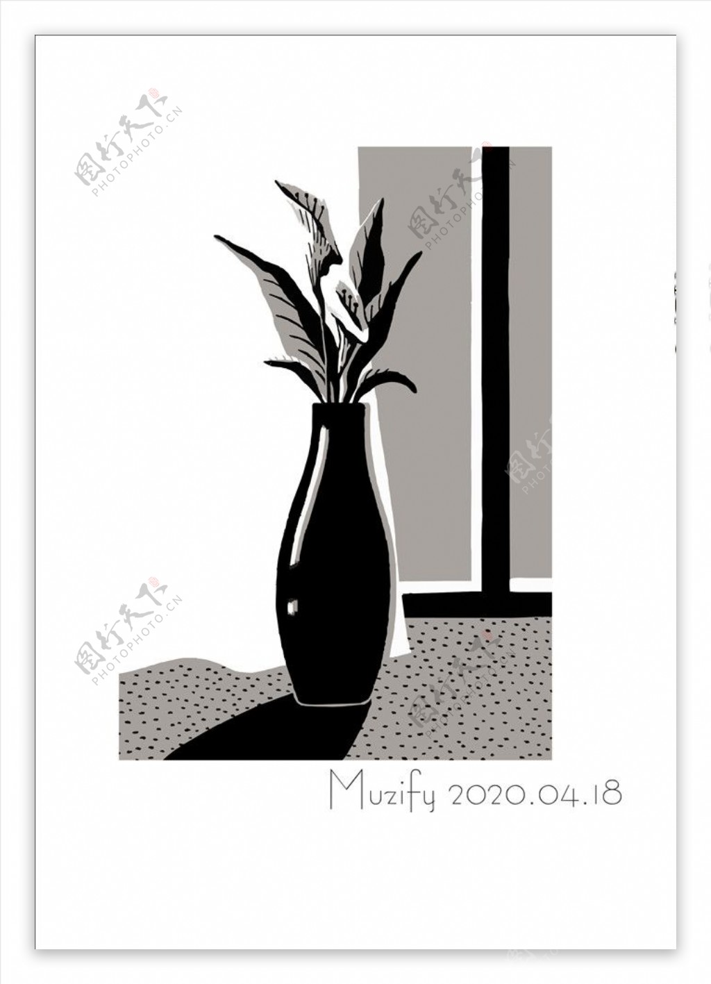 植物花瓶黑白插画