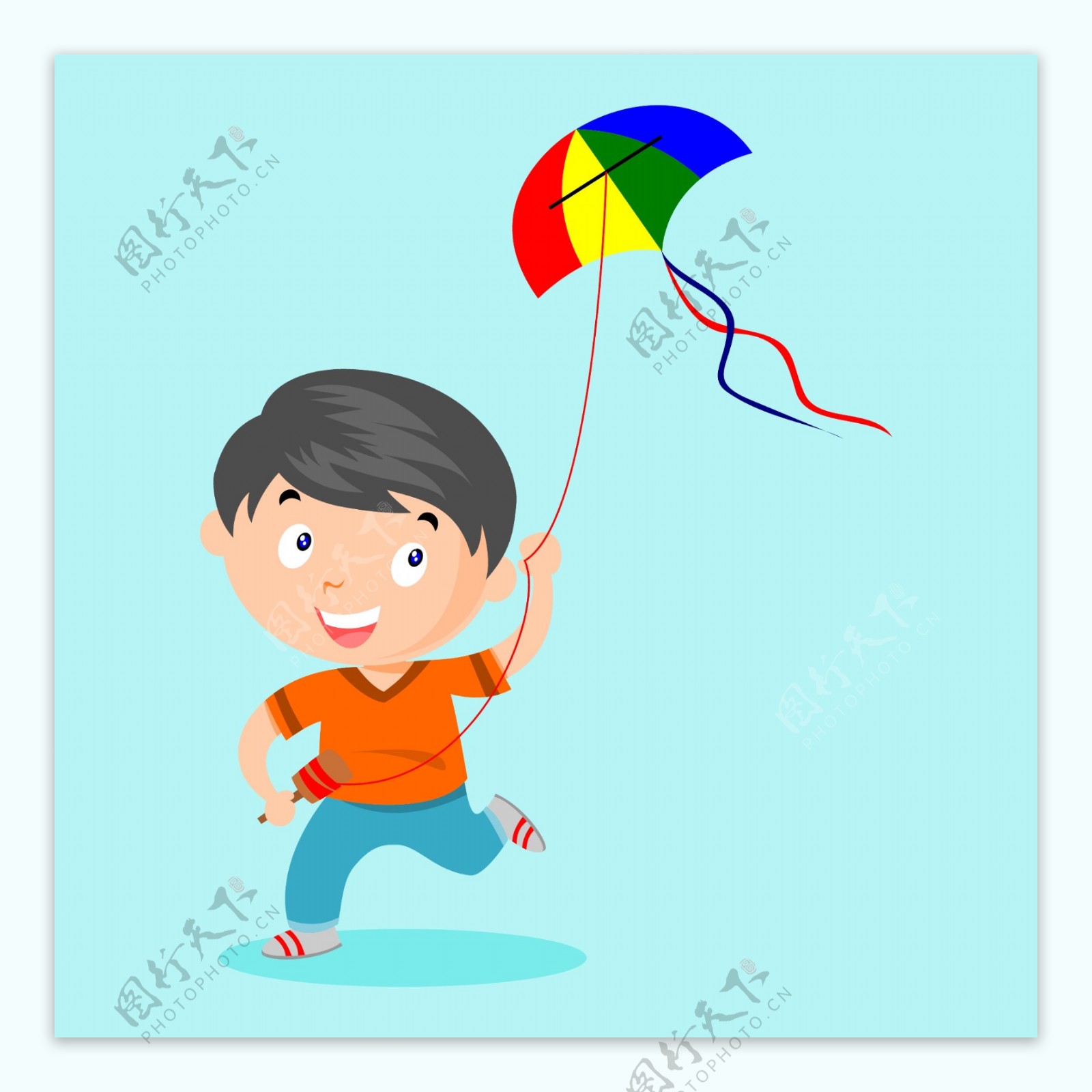 卡通小男孩放风筝