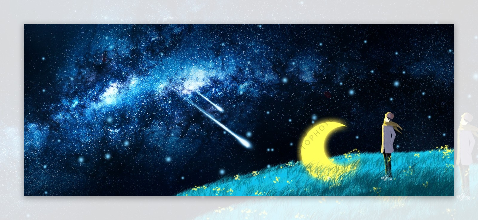 流星天空插画卡通唯美月亮背景