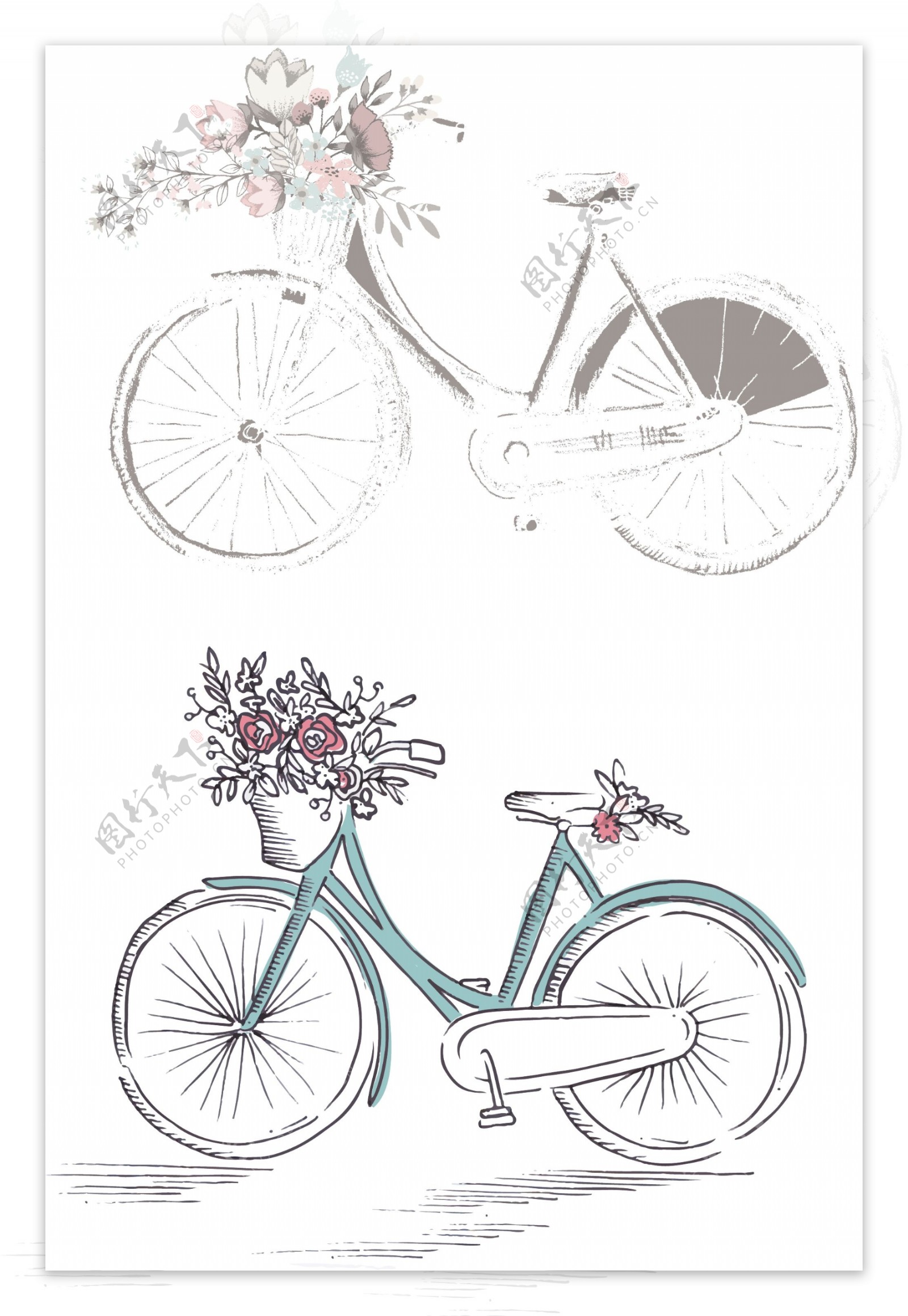复古手绘鲜花单车结婚自行车素材