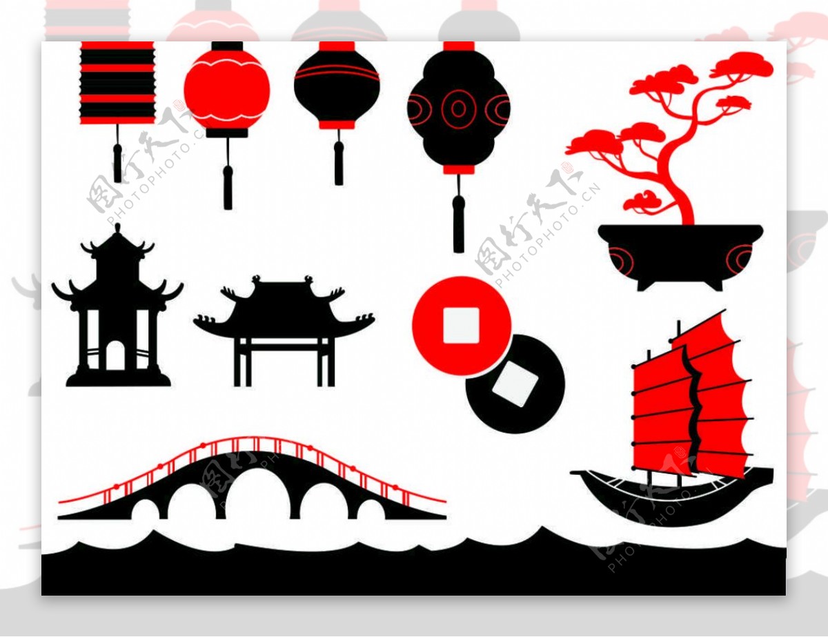 古典元素红黑色桥船