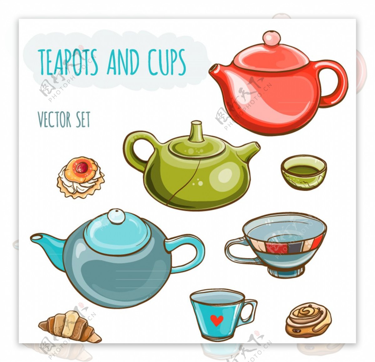 彩色茶壶与茶杯矢量素材
