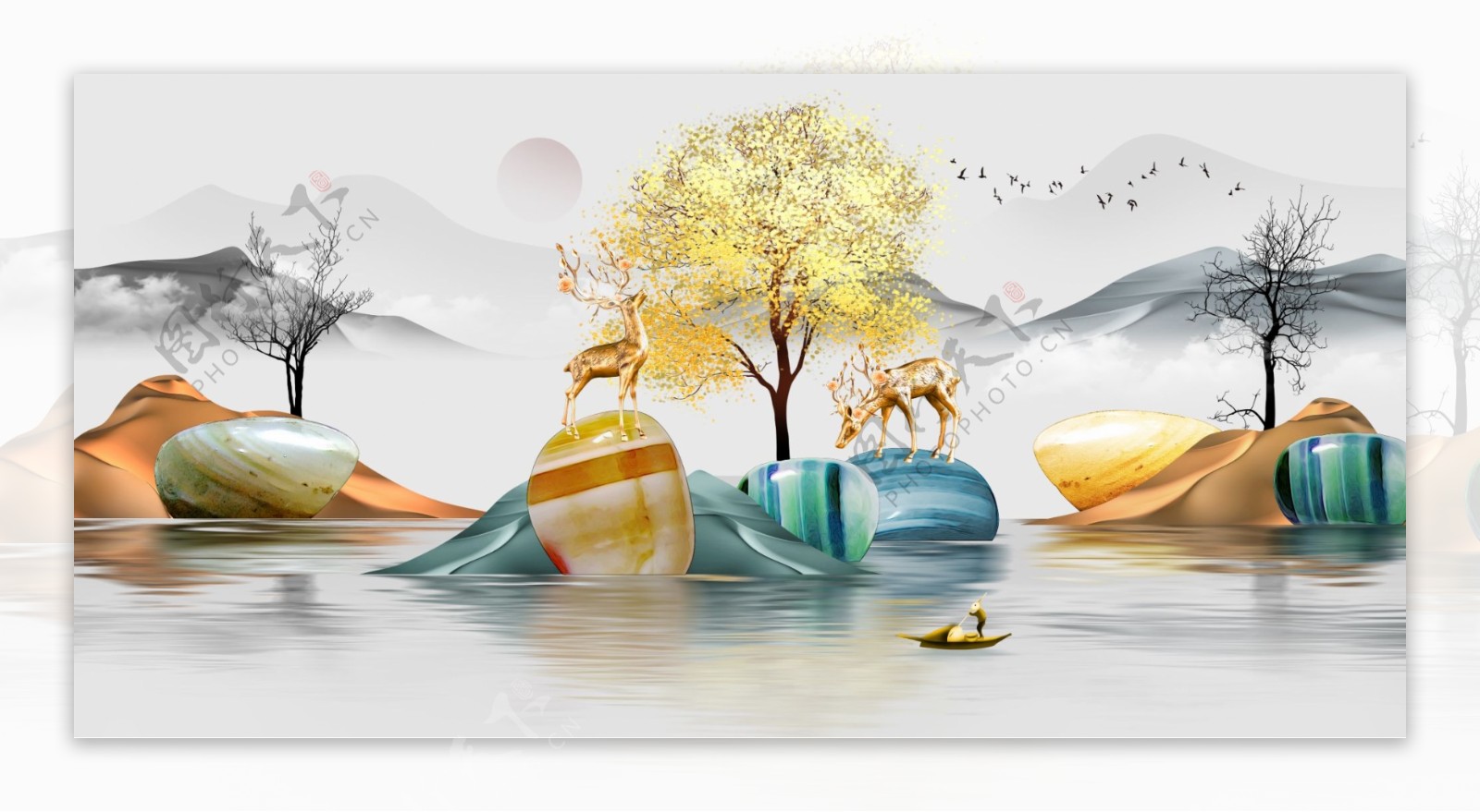 新中式山水渔船麋鹿飞鸟装饰画