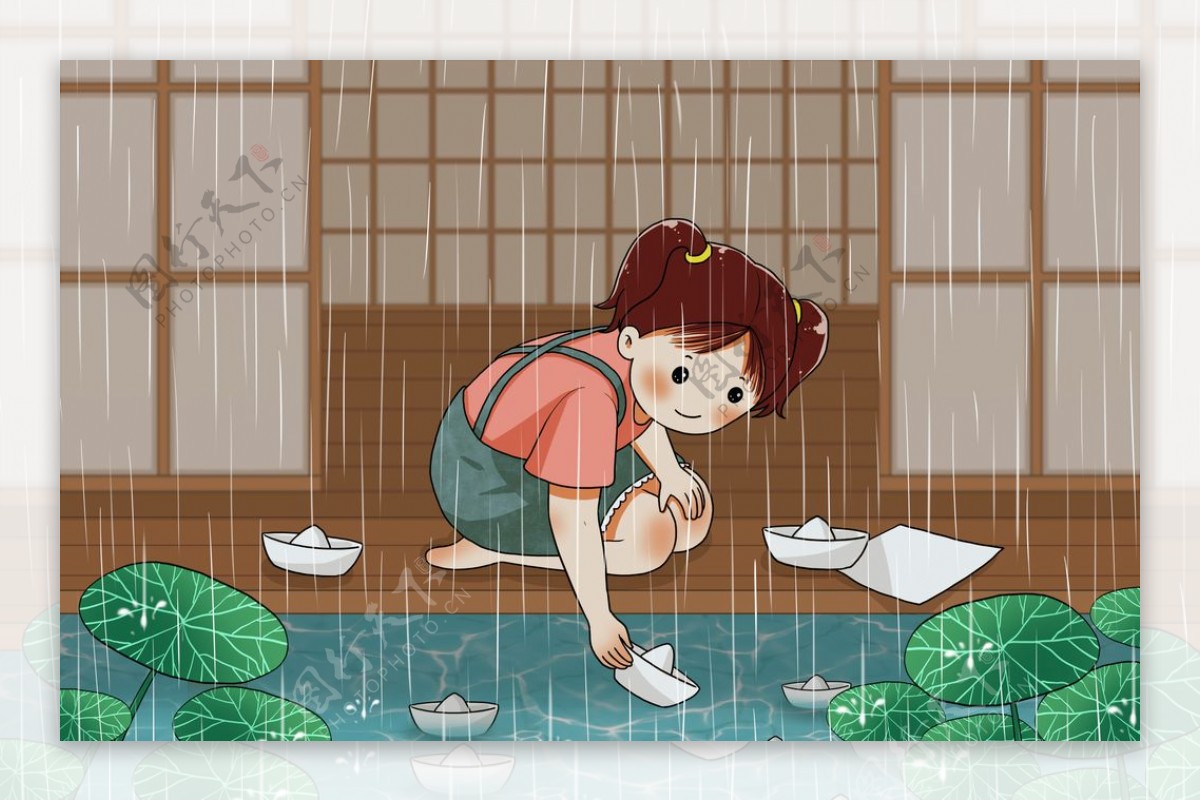 人物女孩下雨插画卡通背景素材