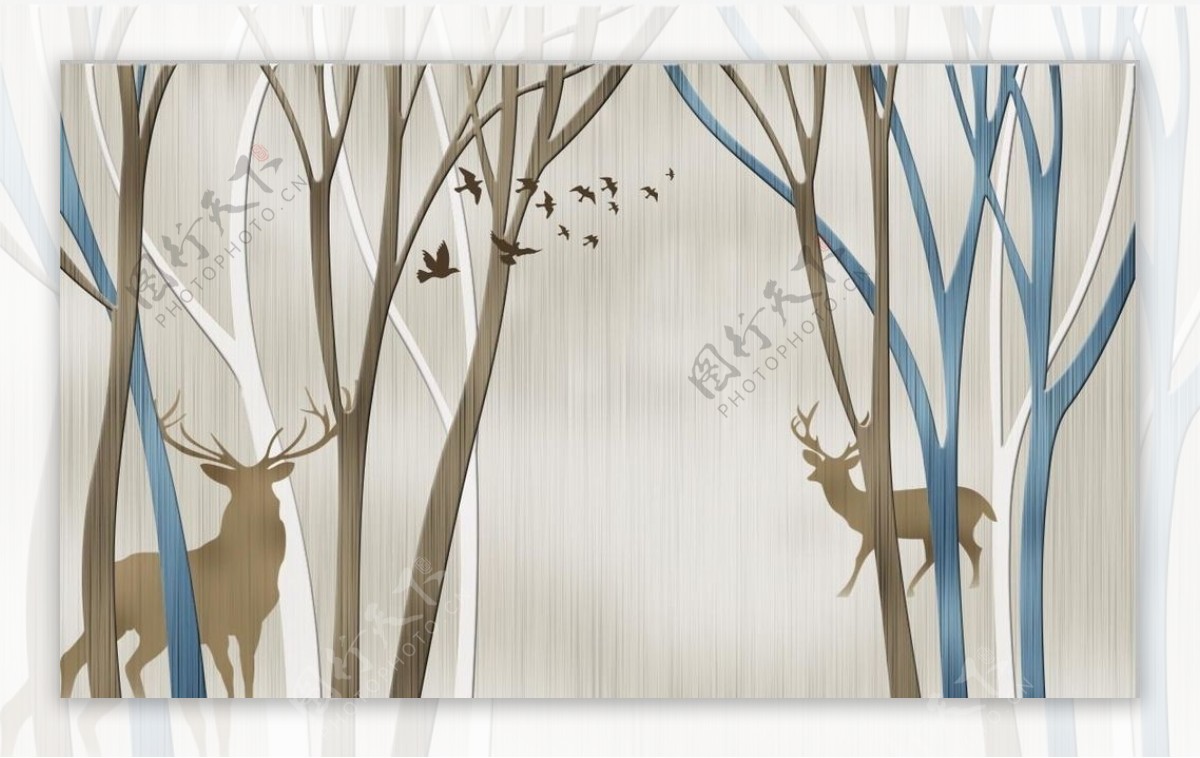 鹿树干腰线装饰画图片