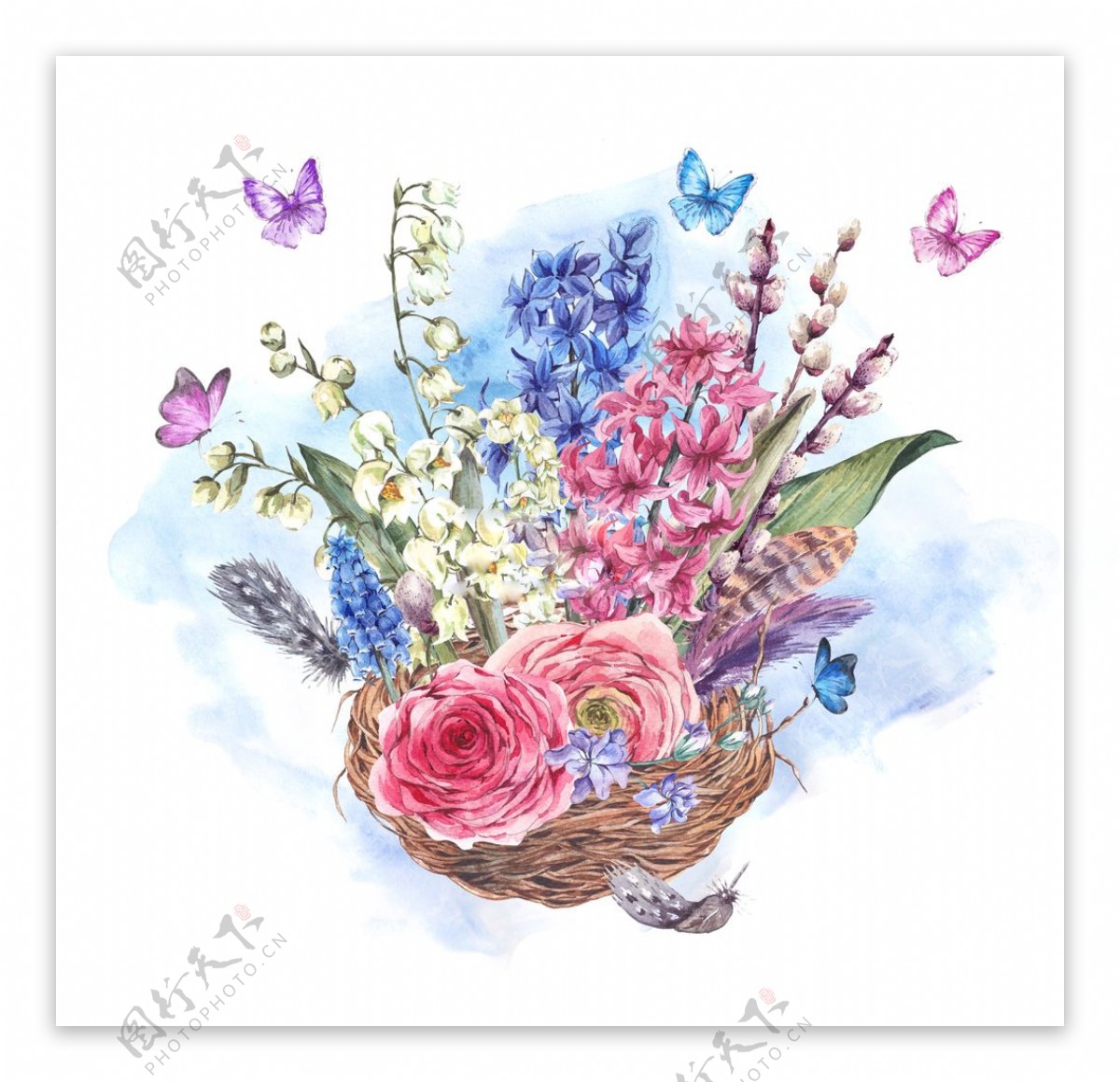 手绘水彩花朵花束png素材图片