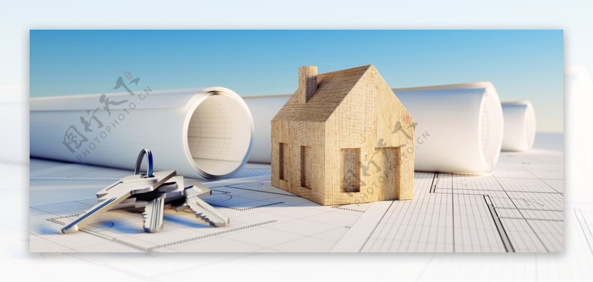 房屋模型钥匙管材背景海报素材图片