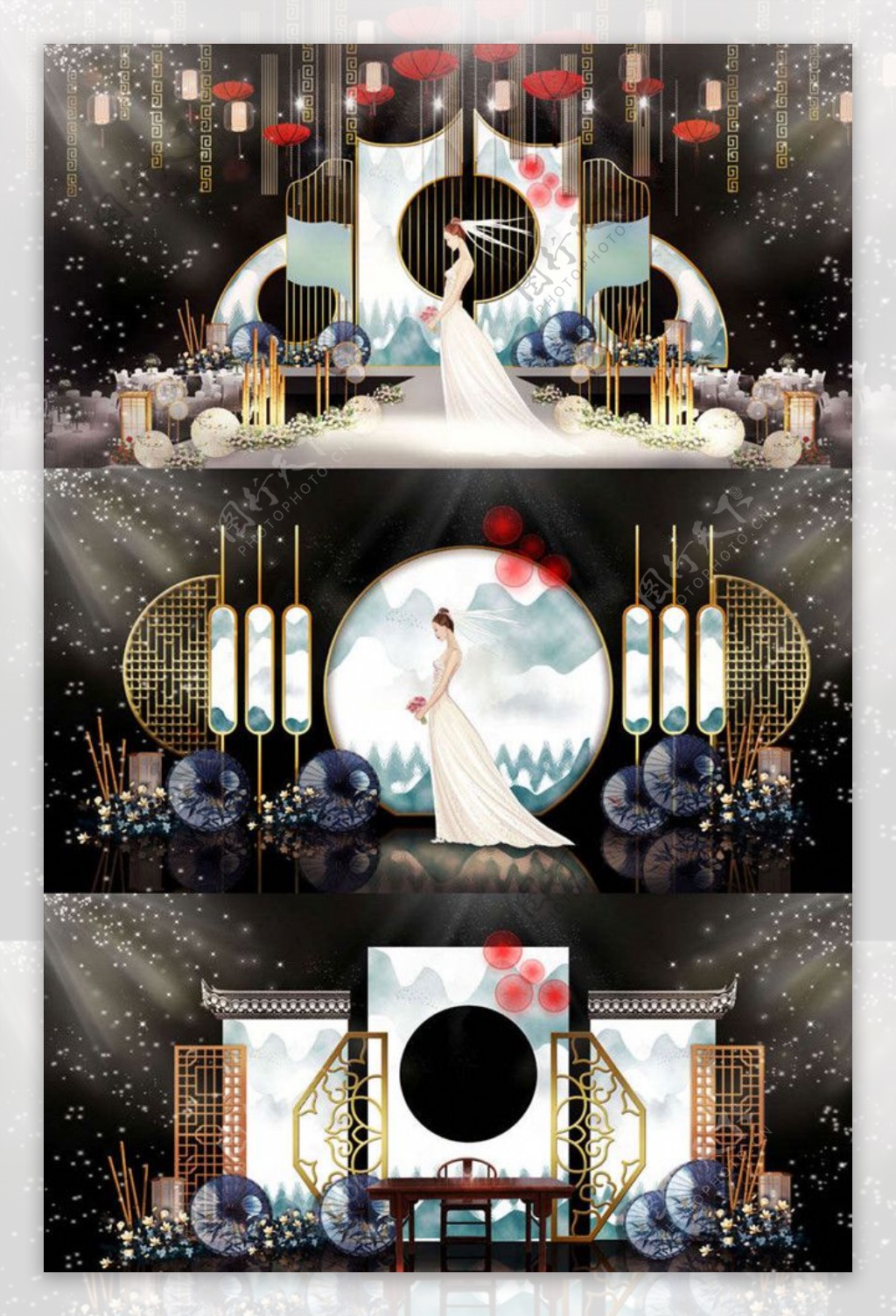 创意新中式浅色系山水婚礼舞台图片