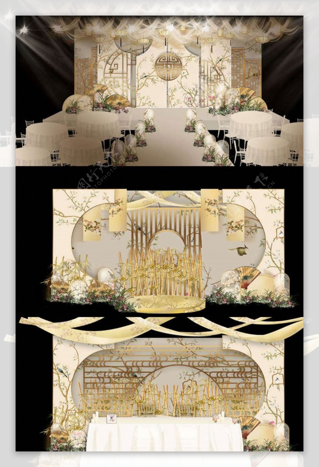 新中式香槟色花鸟婚礼舞台效果图图片