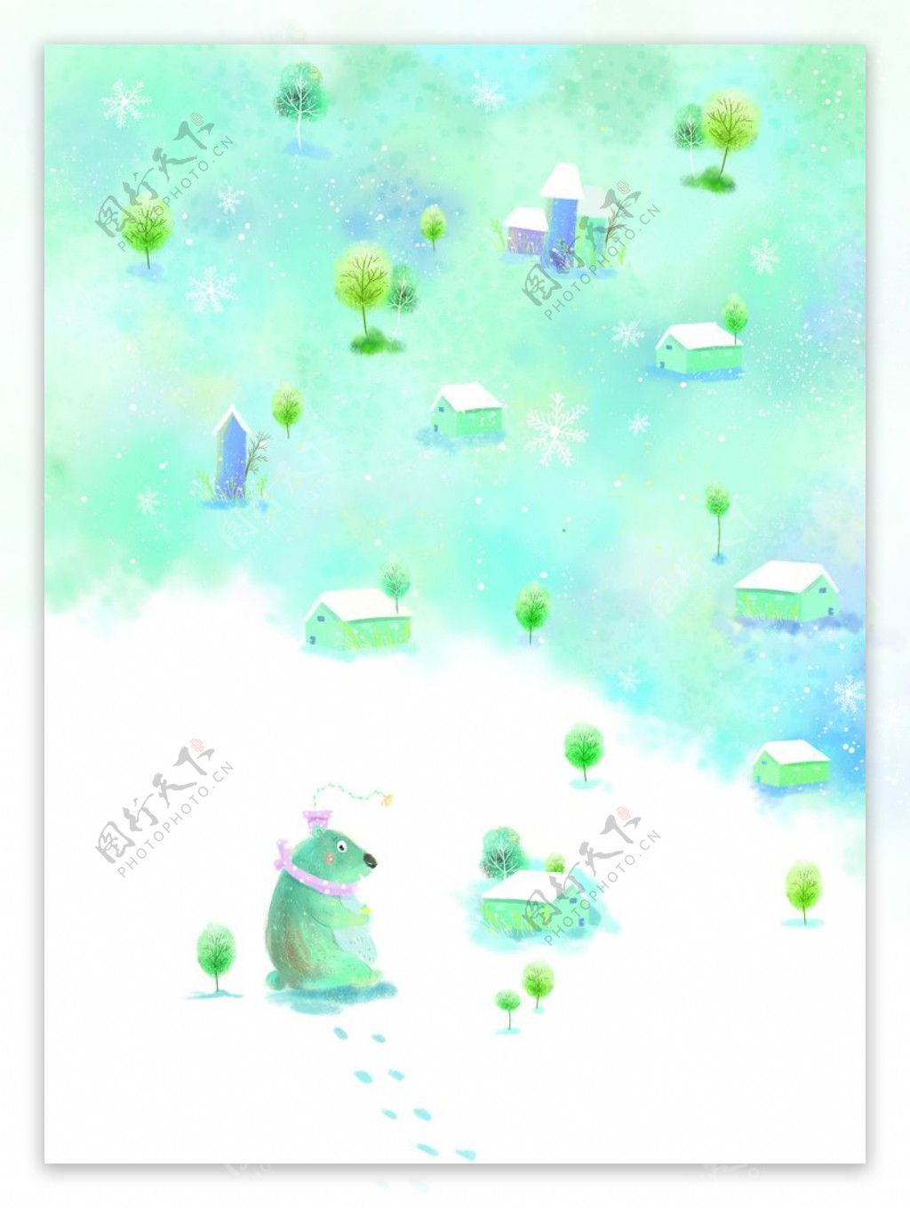 蓝色冬季小熊插画卡通背景素材图片