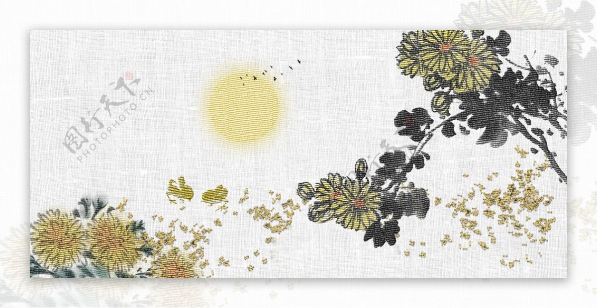 菊花复古刺绣效果背景海报素材图片