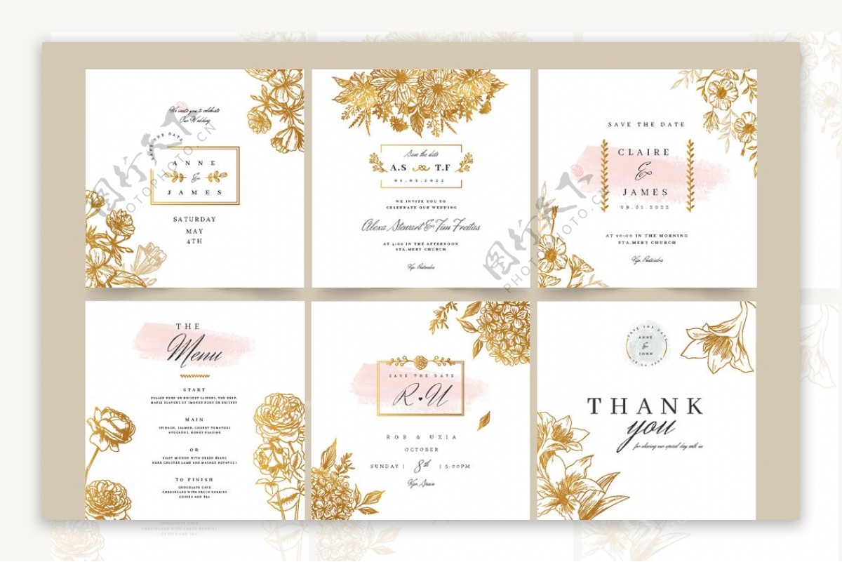 金色花纹装饰婚礼卡片图片