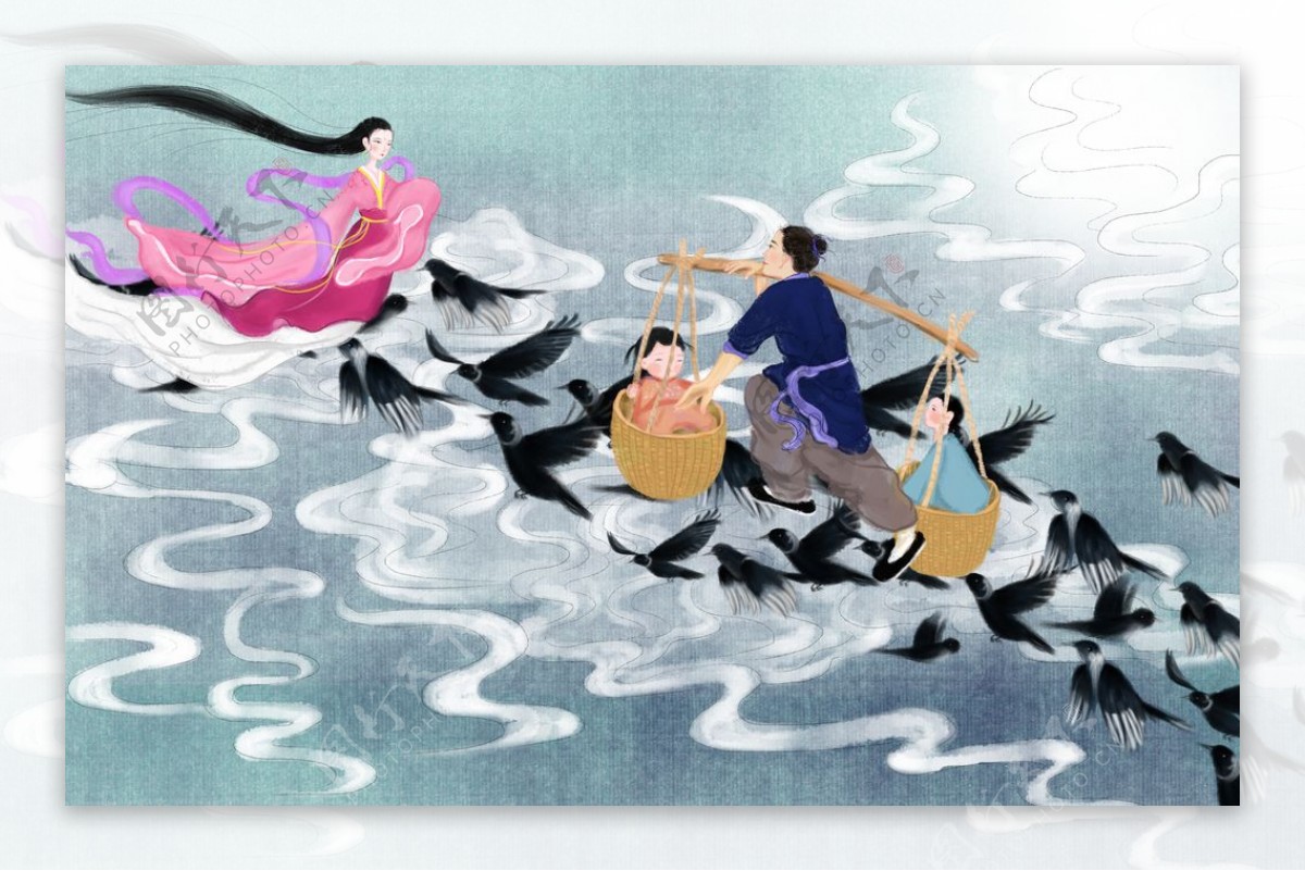 七夕人物传统插画背景海报素材图片