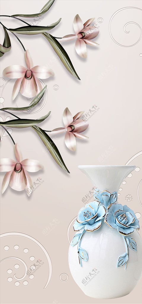 浮雕花兰花花瓶背景墙图片