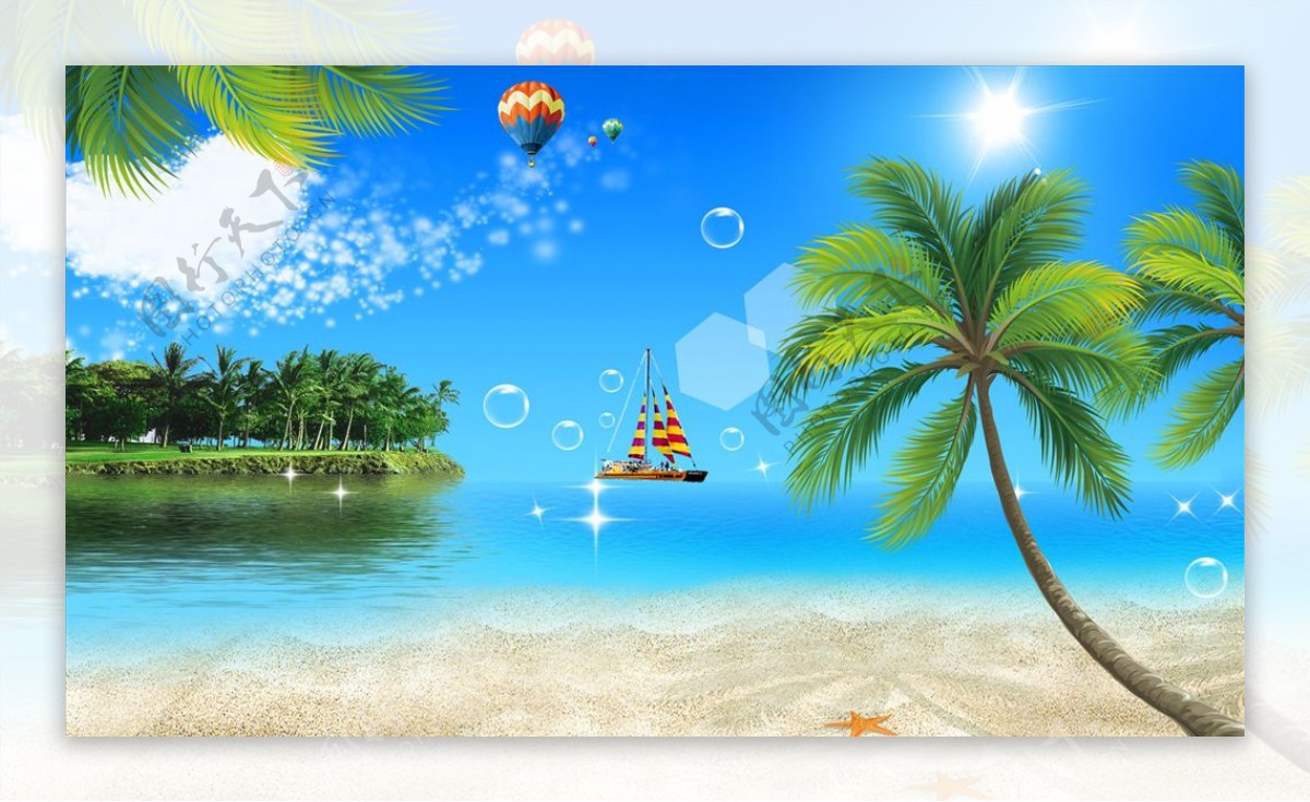 海边椰树帆船气球背景墙图片