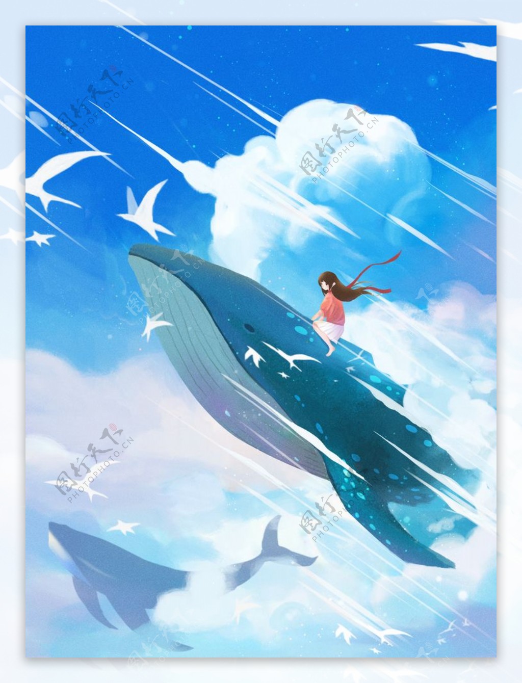 鲸鱼与女孩插画图片