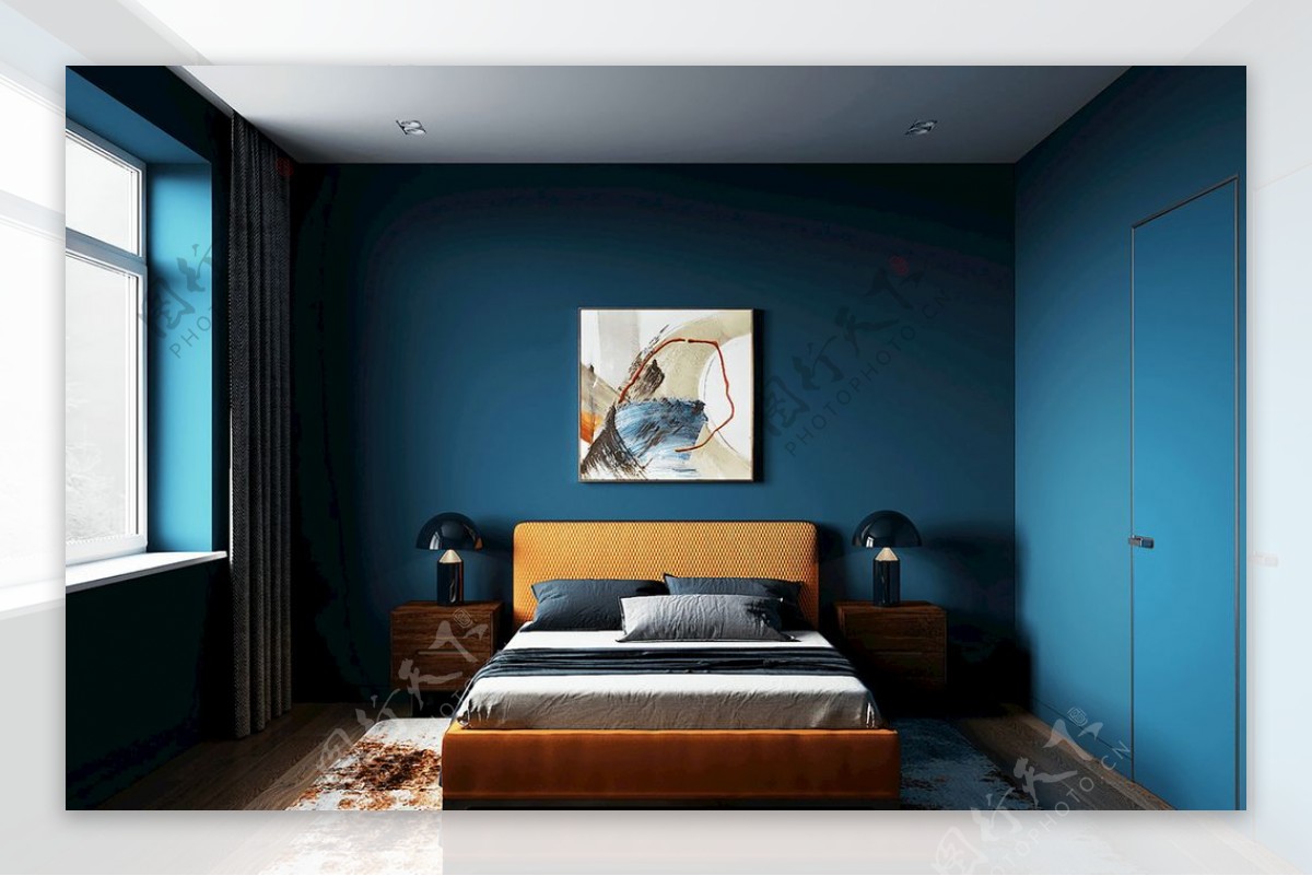 蓝色墙纸卧室展示图片