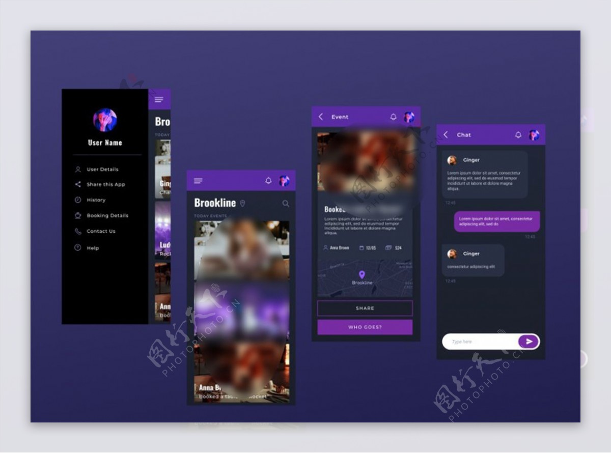 xd社交紫色UI设计侧滑菜单页图片
