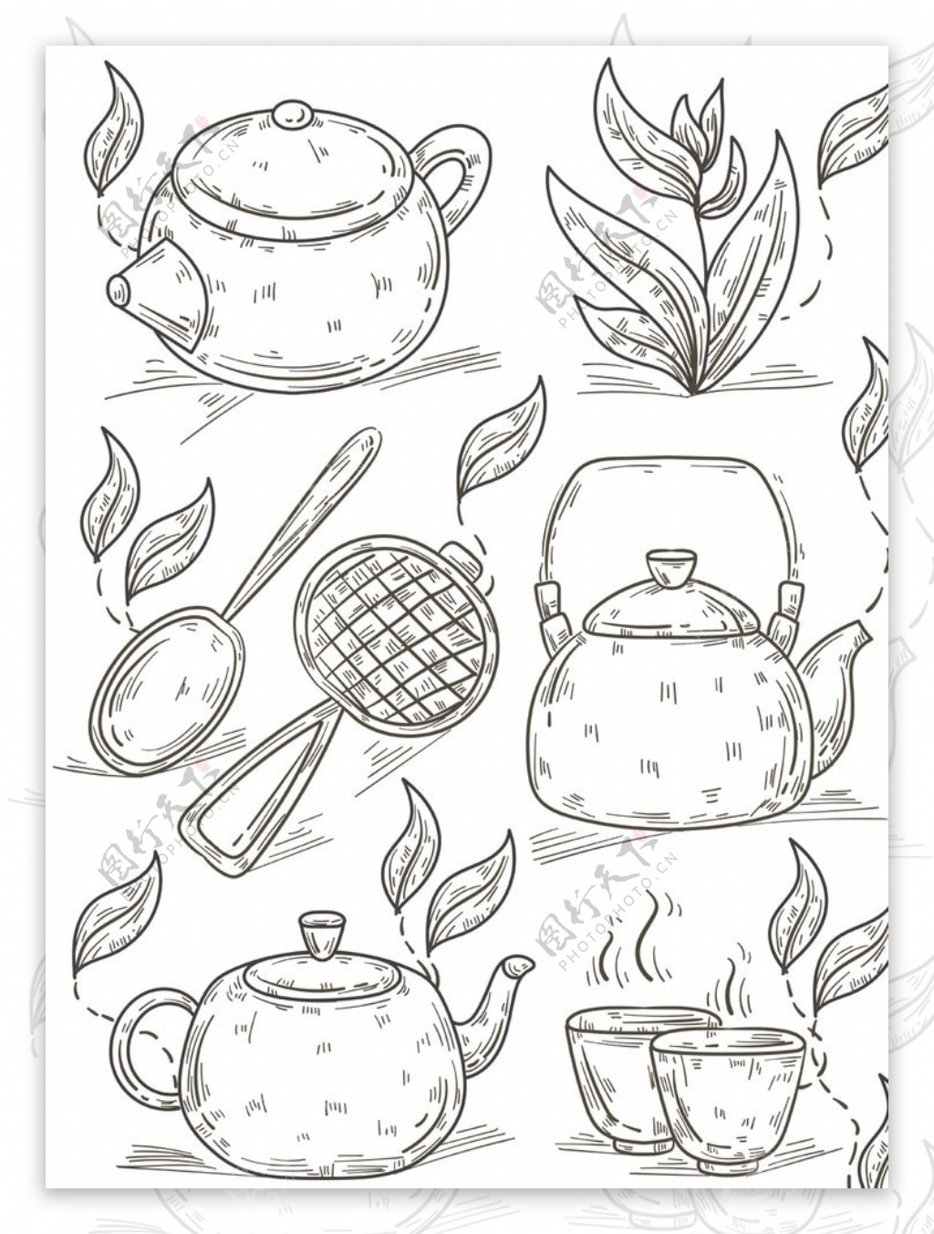 茶壶茶叶线条图片
